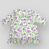OEKO-TEX Certified Cotton Ruffle Dress - Ivory/Lilac Floral for Babies and Kids. Back view.