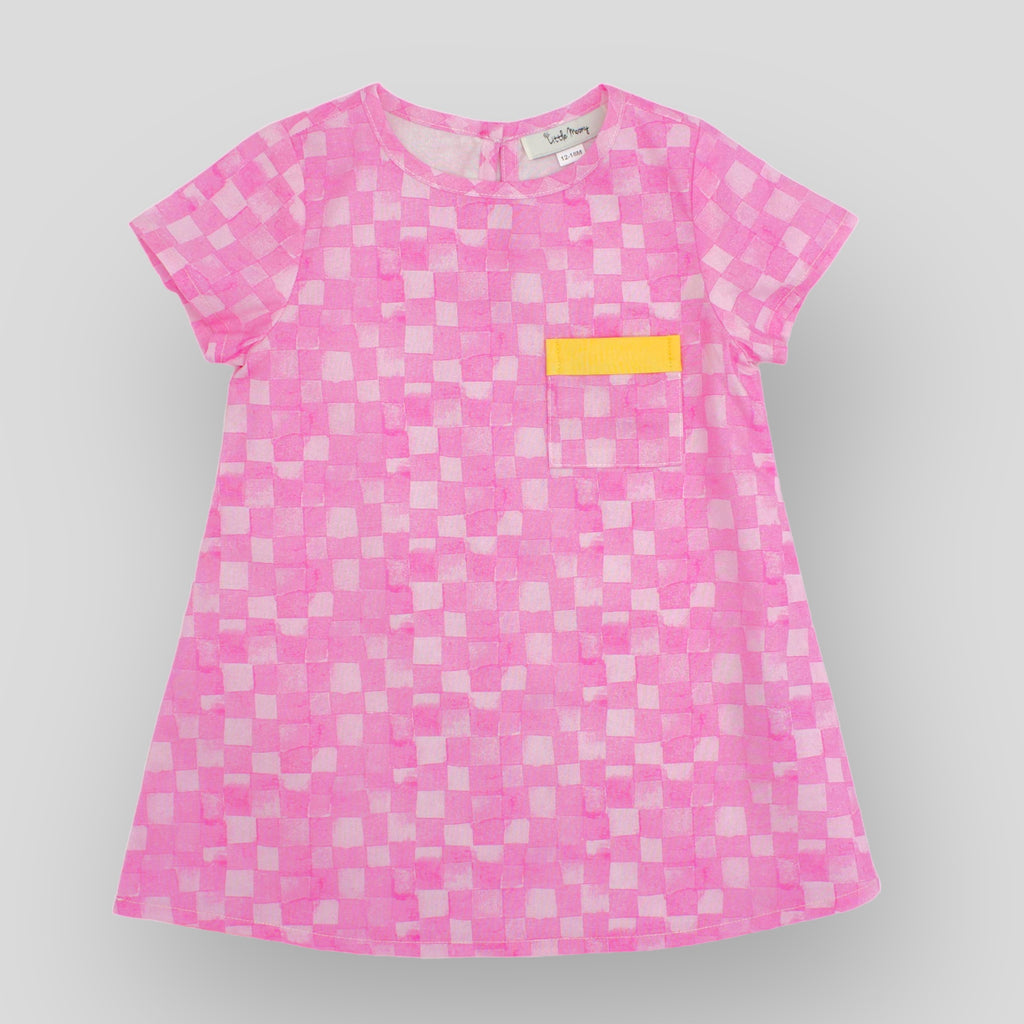 Trapeze Dress in Pink Checkerboard - Front View