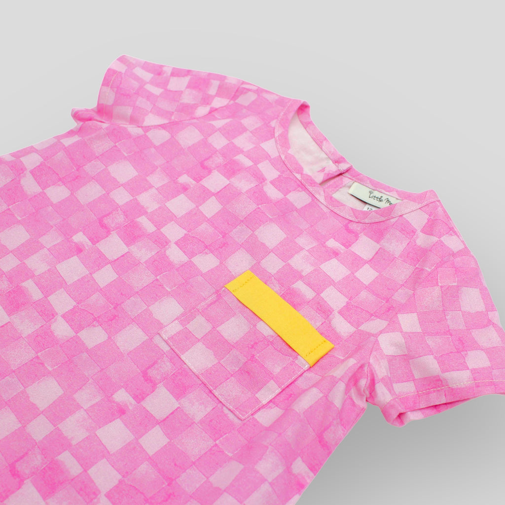 Trapeze Dress in Pink Checkerboard - Detail View Front Pocket