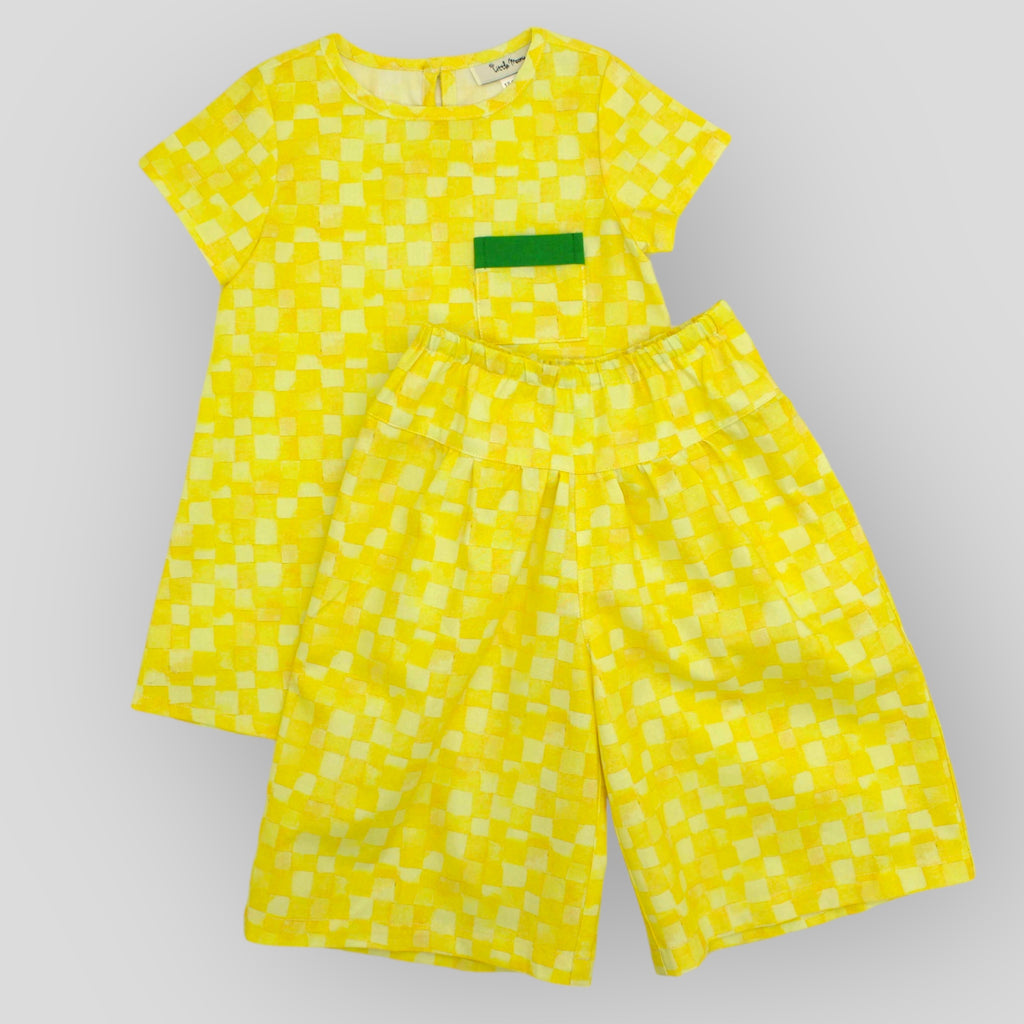 Soft Cotton Wide Leg Culotte Style Pants in Yellow Checkerboard Print OEKO-TEX CERTIFIED. Shown with matching dress.