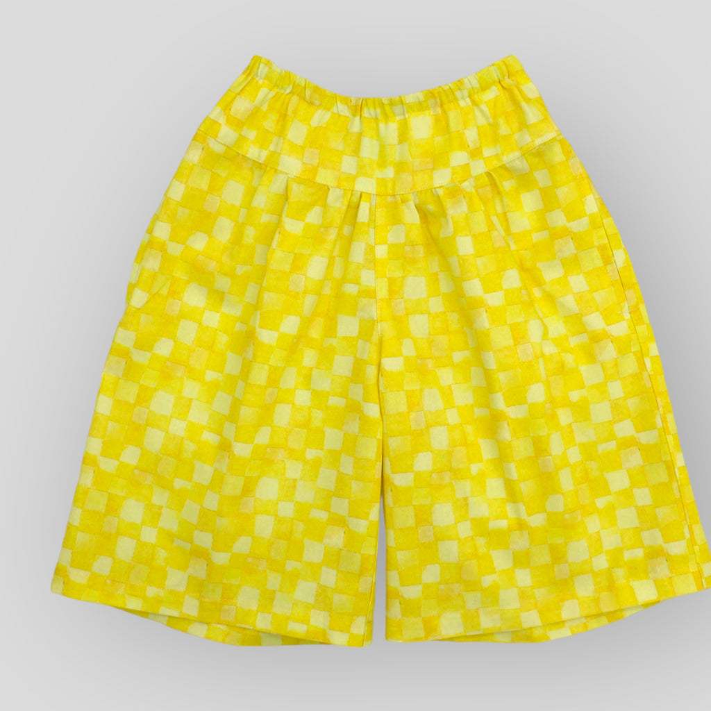 Soft Cotton Wide Leg Culotte Style Pants in Yellow Checkerboard Print OEKO-TEX CERTIFIED