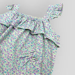 Blue Cotton Petite Fleur Bubble Romper for Baby Girls. Detail view of front pocket.