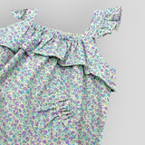Blue Cotton Petite Fleur Bubble Romper for Baby Girls. Detail view of front pocket.