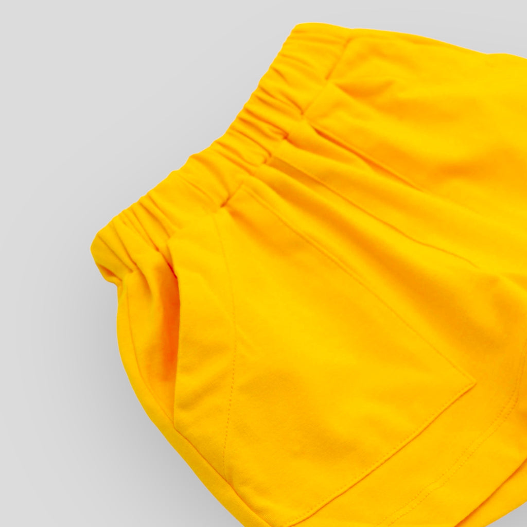 Sunny Yellow Cotton Knit Summer Short. Detail view of front pocket.