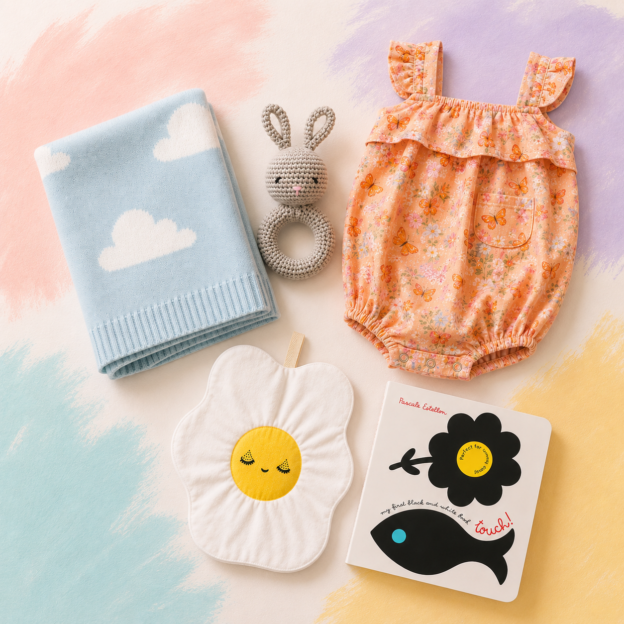 A baby gift set arranged on a pastel painted background, including a light blue blanket with white clouds, a gray knitted bunny ring toy, a peach floral romper, a white sun-shaped cloth with a yellow face, and a children's book with a black flower and fish illustration.
