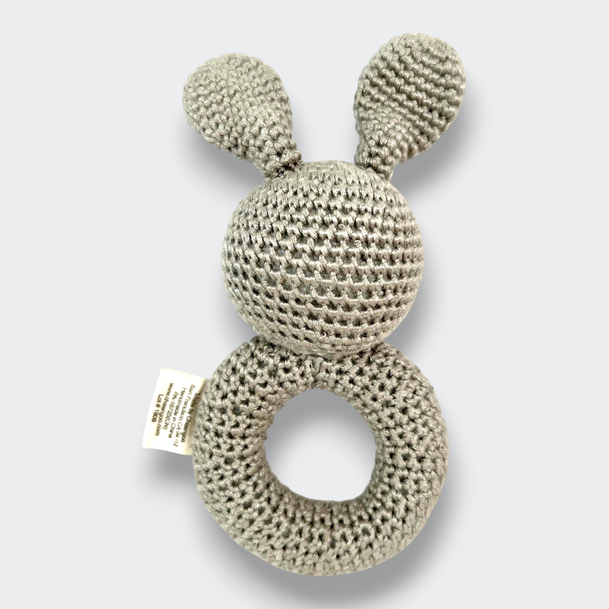 Little Moony Bunny Bamboo Rattle for babies. Back view.