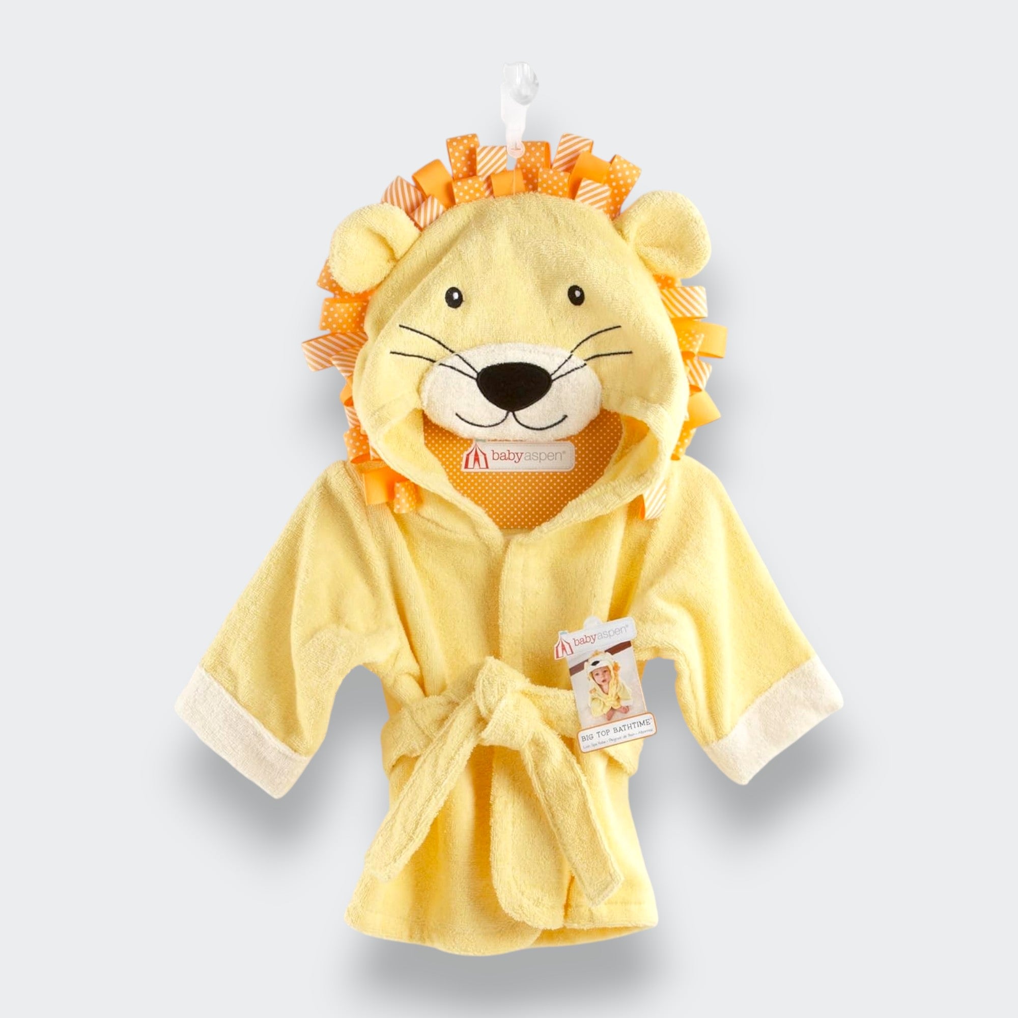 Little Moony lion hooded bath towel, a soft and cozy children’s towel for babies and toddlers after bath time. Front view.
