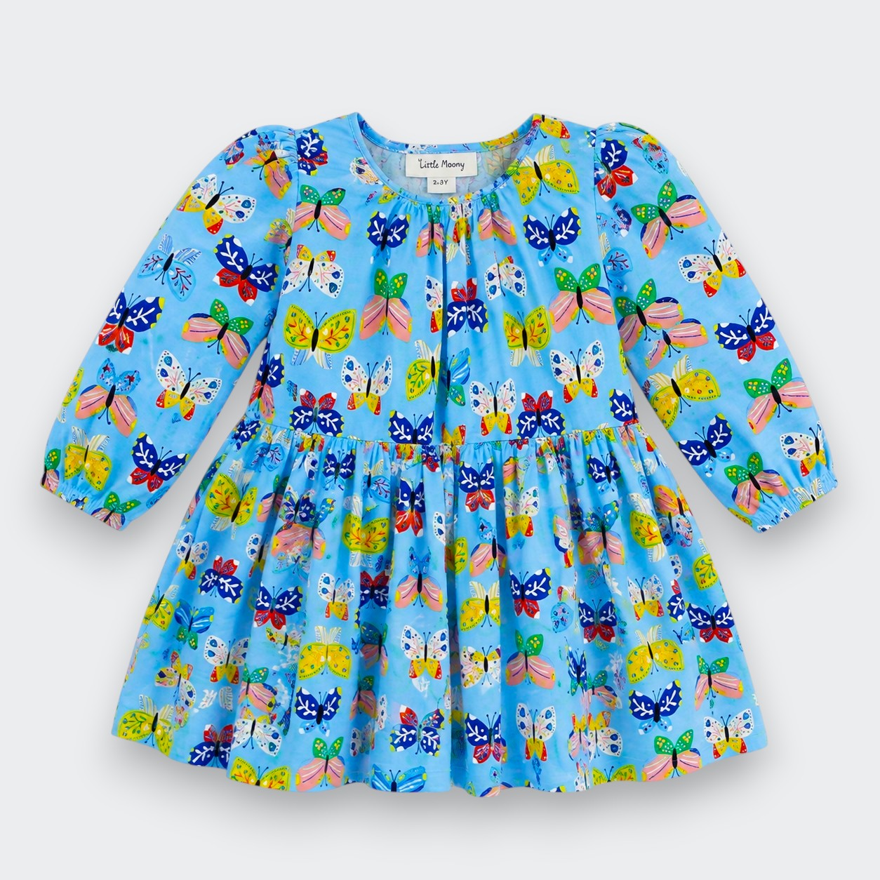A light blue long-sleeve baby dress with an all-over colorful butterfly print, featuring a gathered waist and puffed sleeves, shown flat on a light gray background.