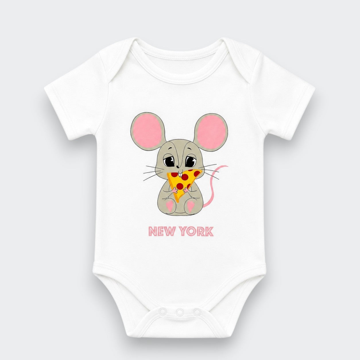 A white short-sleeve baby bodysuit featuring a cartoon gray mouse with pink ears holding a slice of pizza, with the text 'NEW YORK' printed below in pink, shown on a light gray background.