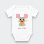 A white short-sleeve baby bodysuit featuring a cartoon gray mouse with pink ears holding a slice of pizza, with the text 'NEW YORK' printed below in pink, shown on a light gray background.