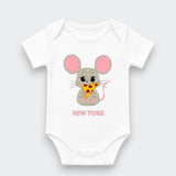 A white short-sleeve baby bodysuit featuring a cartoon gray mouse with pink ears holding a slice of pizza, with the text 'NEW YORK' printed below in pink, shown on a light gray background.