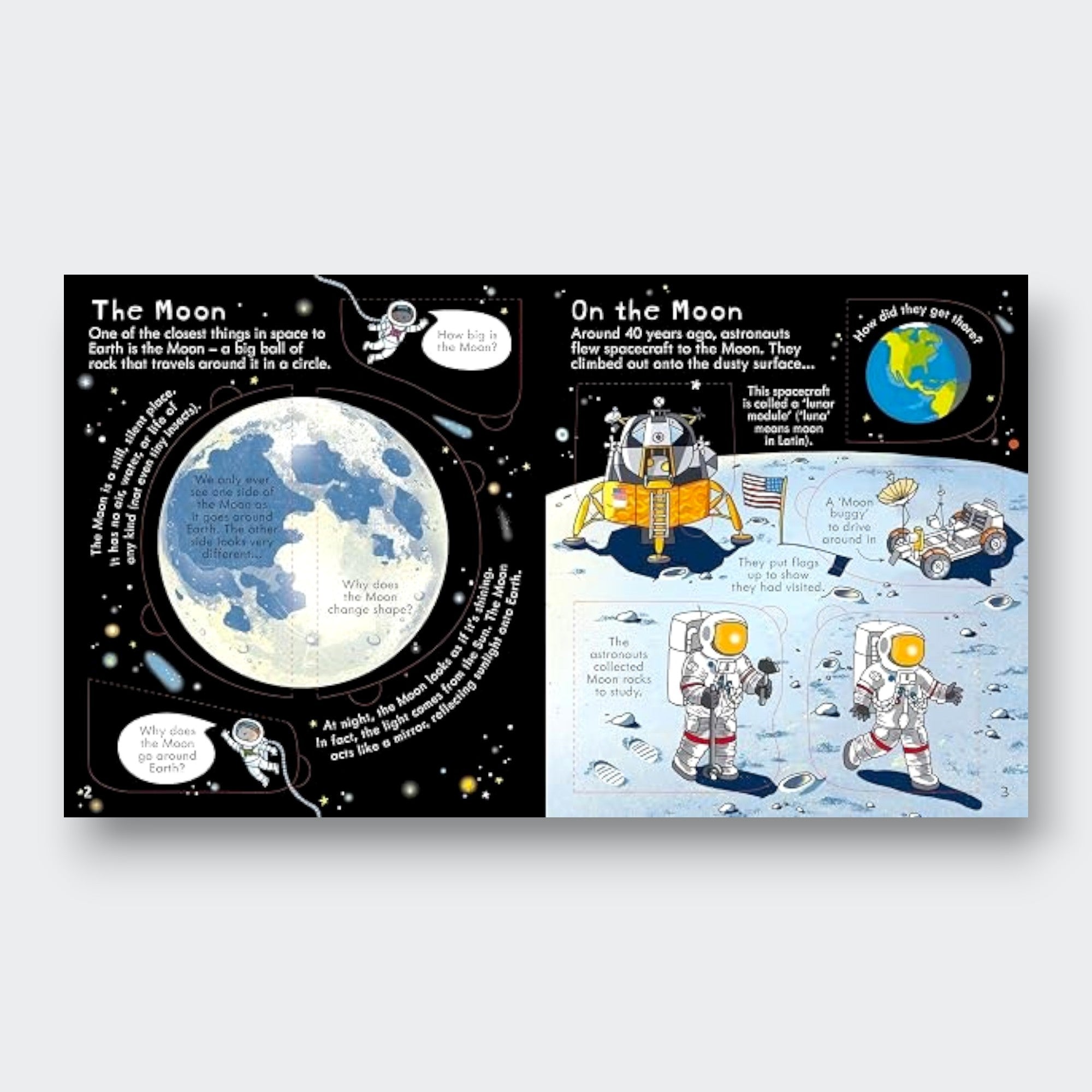 Little Moony Look Inside Space interactive lift-the-flap children's book about planets, stars, rockets, and the solar system for young readers. Sample page the moon.
