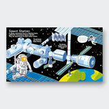 Little Moony Look Inside Space interactive lift-the-flap children's book about planets, stars, rockets, and the solar system for young readers. Sample page Space Station.