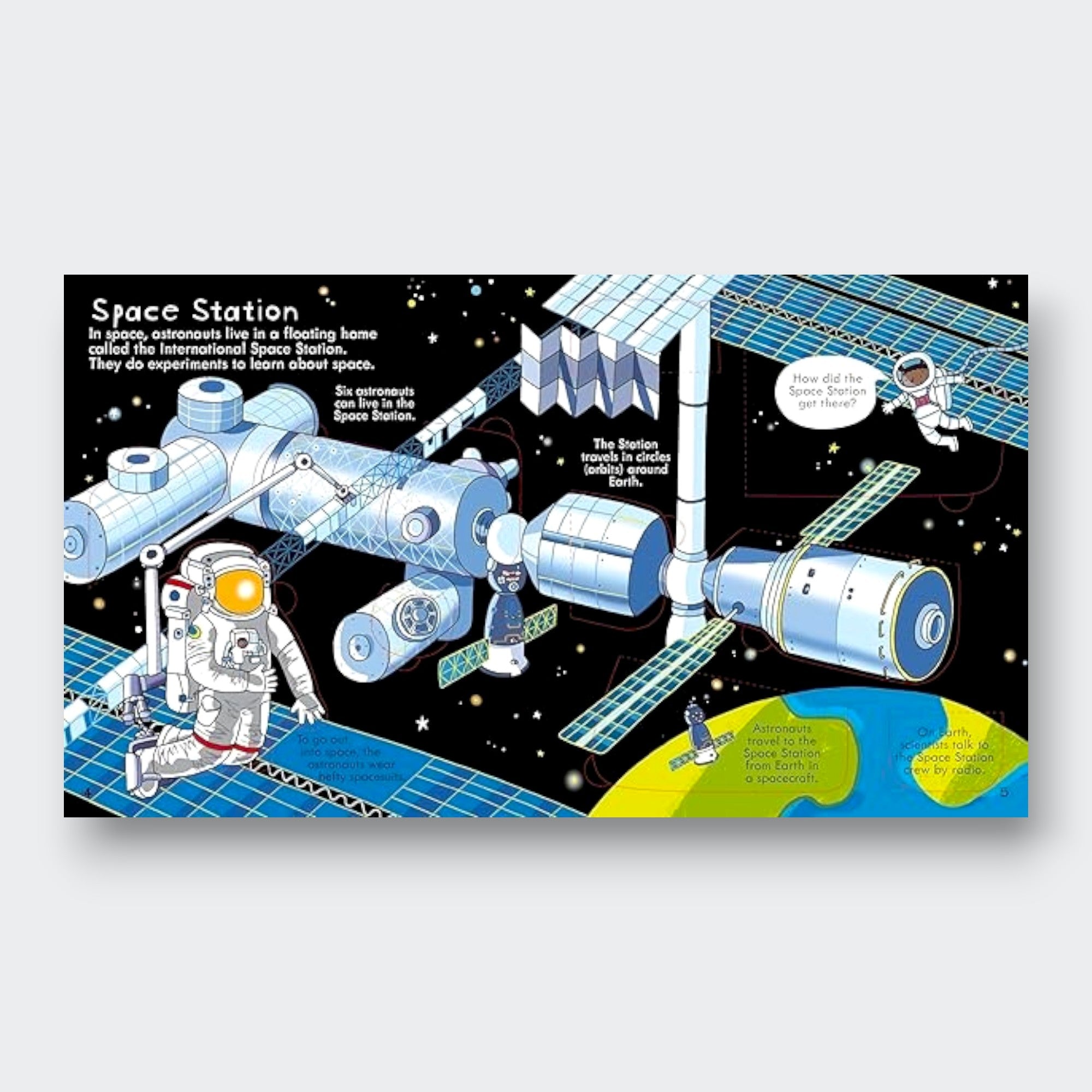 Little Moony Look Inside Space interactive lift-the-flap children's book about planets, stars, rockets, and the solar system for young readers. Sample page Space Station.
