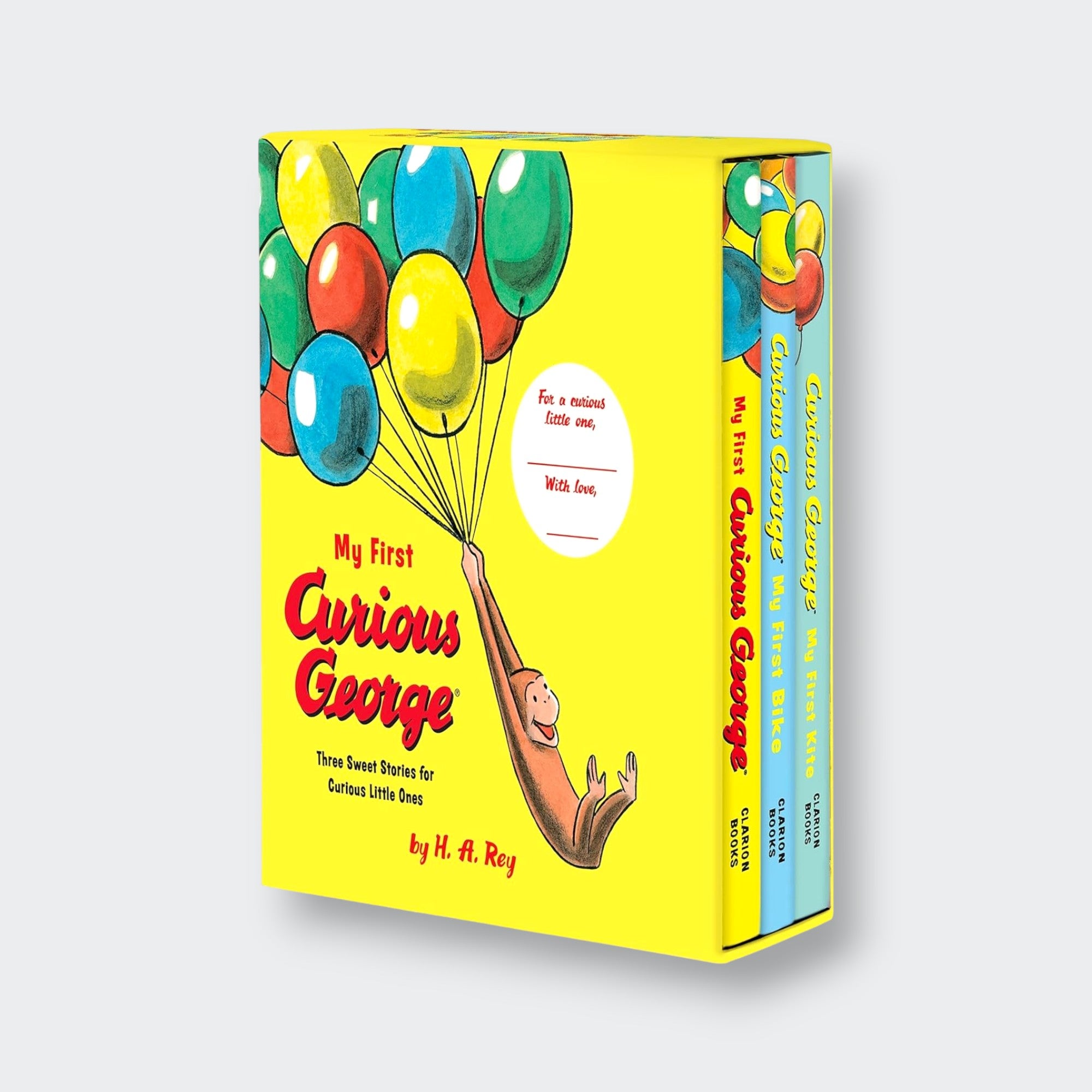 Book titled 'My First Curious George' with colorful design on a white background