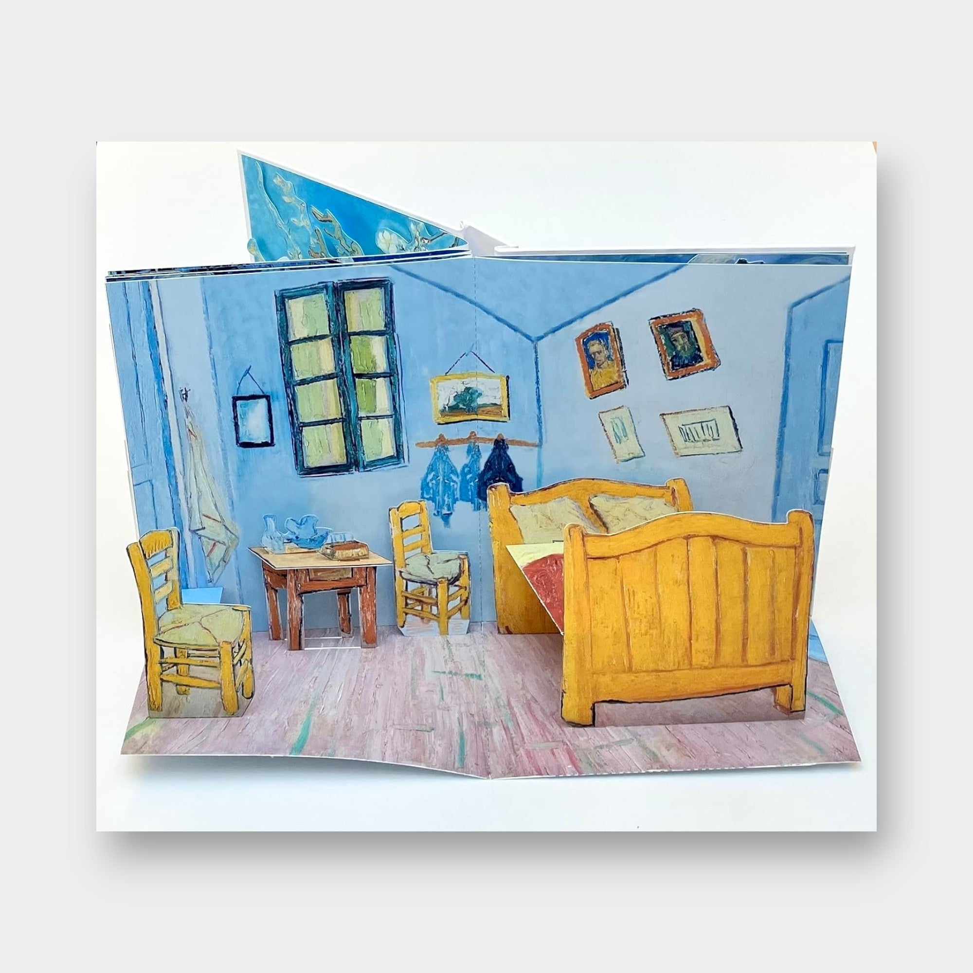Little Moony Van Gogh children's art book introducing young readers to the life and paintings of Vincent van Gogh. Sample page bed, chairs, and table.