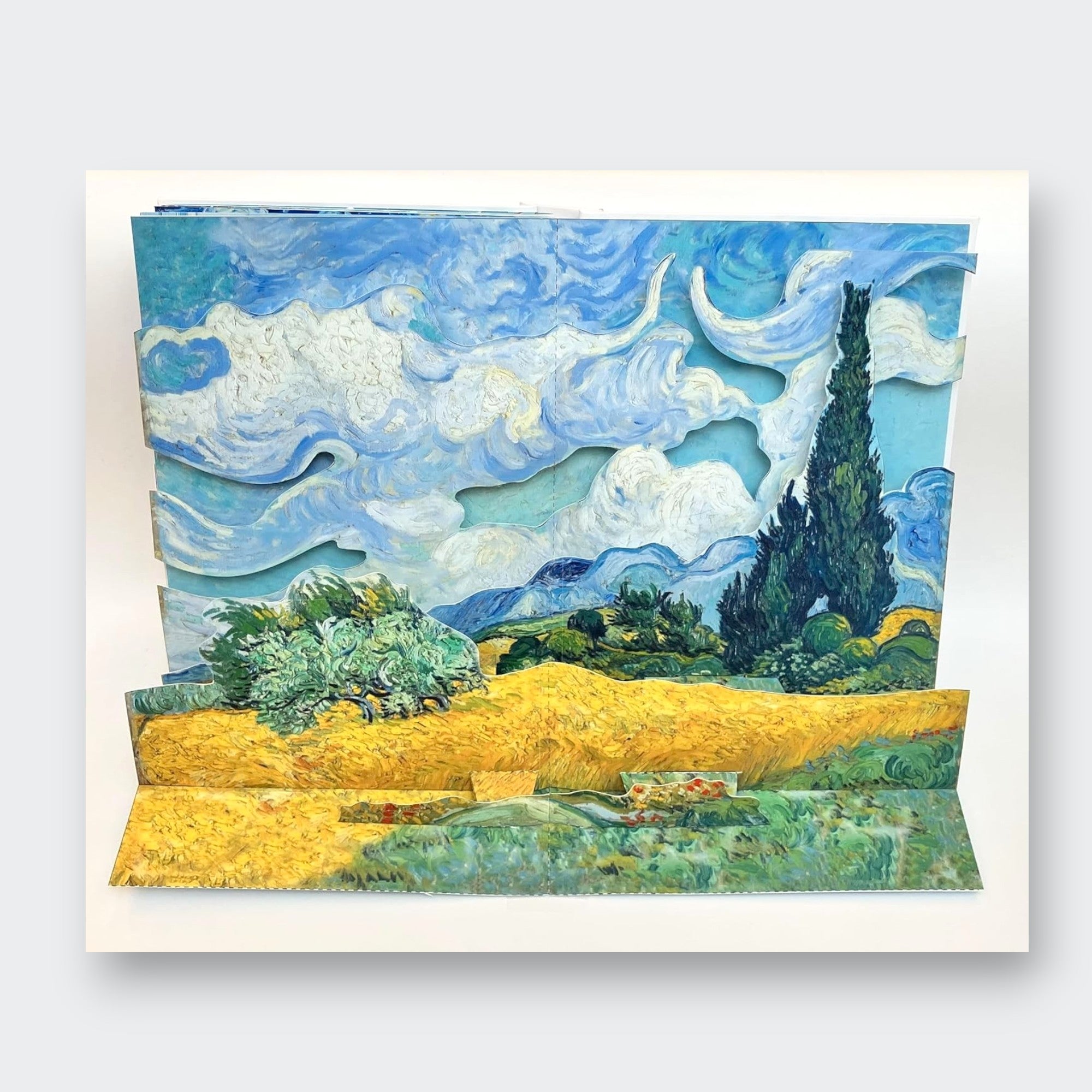 Little Moony Van Gogh children's art book introducing young readers to the life and paintings of Vincent van Gogh. Sample page sky and trees.