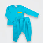 Blue children's outfit with a yellow pocket on a white background
