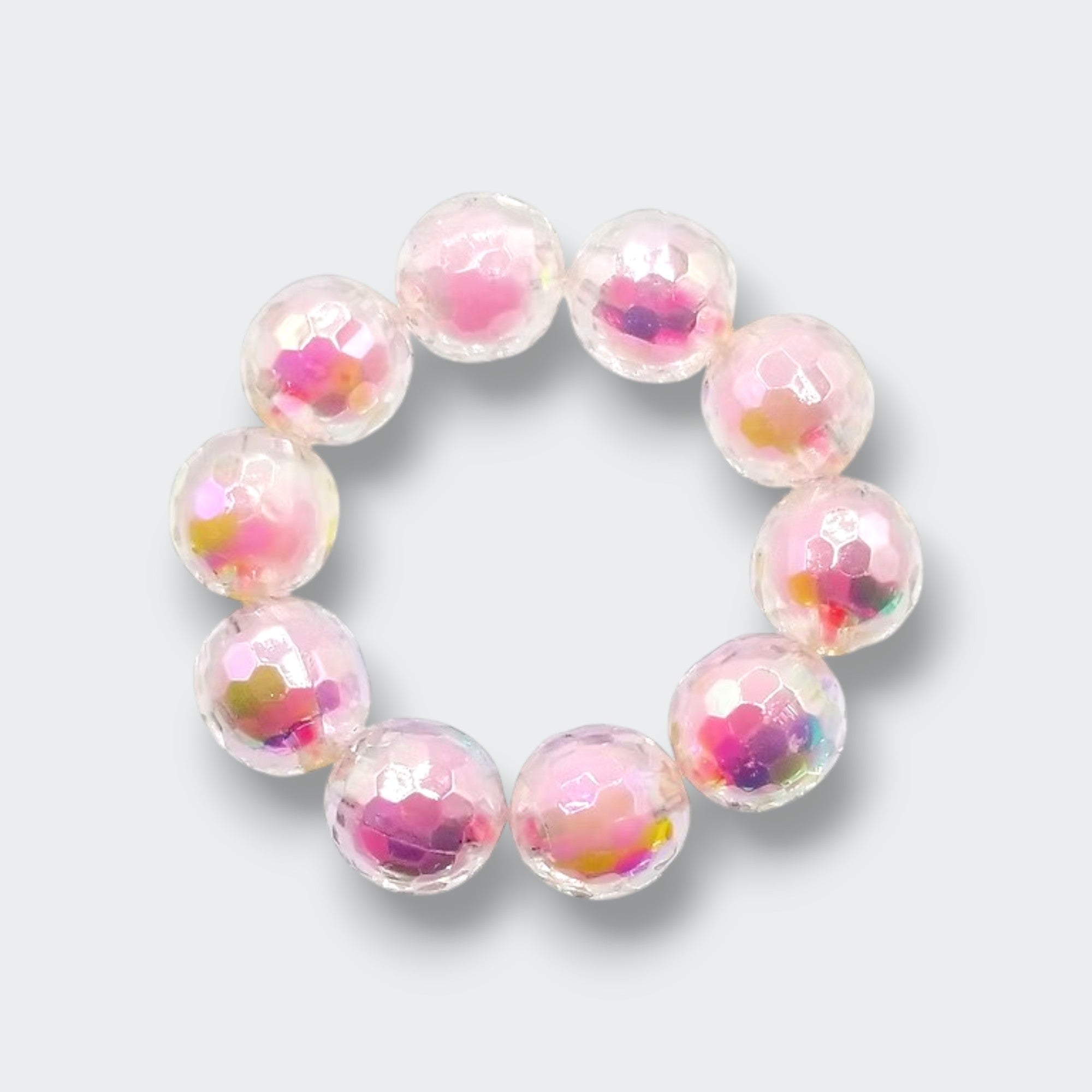 Little Moony Pink Sparkly Disco Ball crystal bracelet with shimmering beads, a playful children's jewelry accessory for dress-up and special occasions