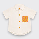 Off White Cotton Button-Up Shirt with Checkered Pocket