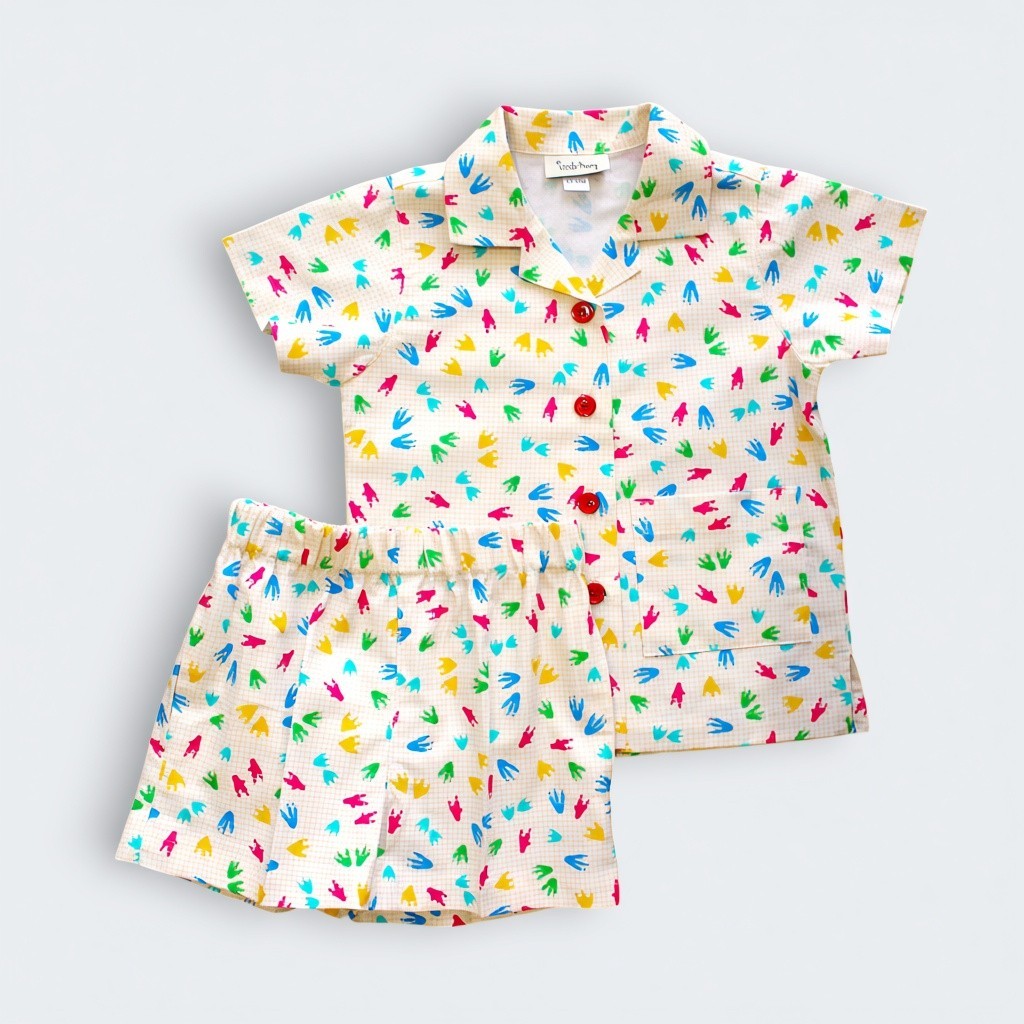 A two-piece baby outfit set consisting of a short-sleeve button-up shirt and matching shorts, both featuring a colorful tropical leaf print on a cream-colored background. The shirt has a collar and button-down front, while the shorts have an elastic waistband.