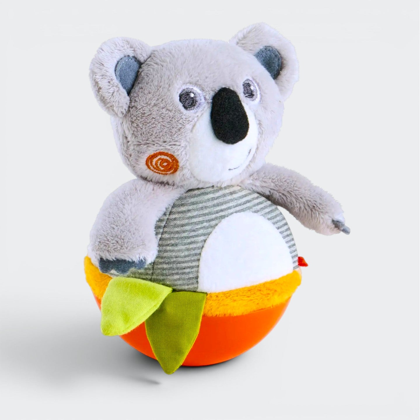 Close-up of HABA Koala Roly Poly baby toy showing soft koala face and rounded weighted base