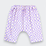  Little Moony Lavender and cream checker print harem pants for baby and toddler with patch pockets and elastic waist on white background