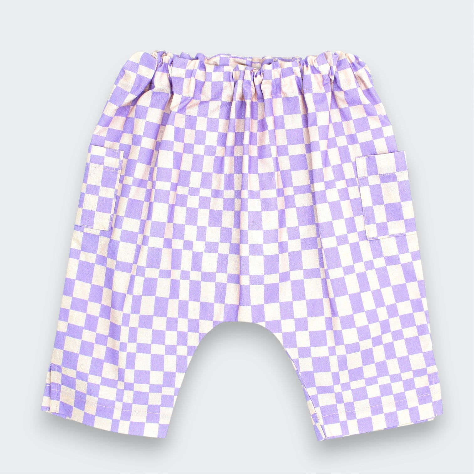  Little Moony Lavender and cream checker print harem pants for baby and toddler with patch pockets and elastic waist on white background