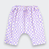  Little Moony Lavender and cream checker print harem pants for baby and toddler with patch pockets and elastic waist on white background