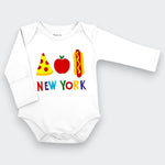 Little Moony. A white long-sleeve baby bodysuit with a colorful graphic print featuring a pizza slice, an apple, a hot dog, and the word 'NEW YORK' in multicolored letters, displayed on a light gray background.