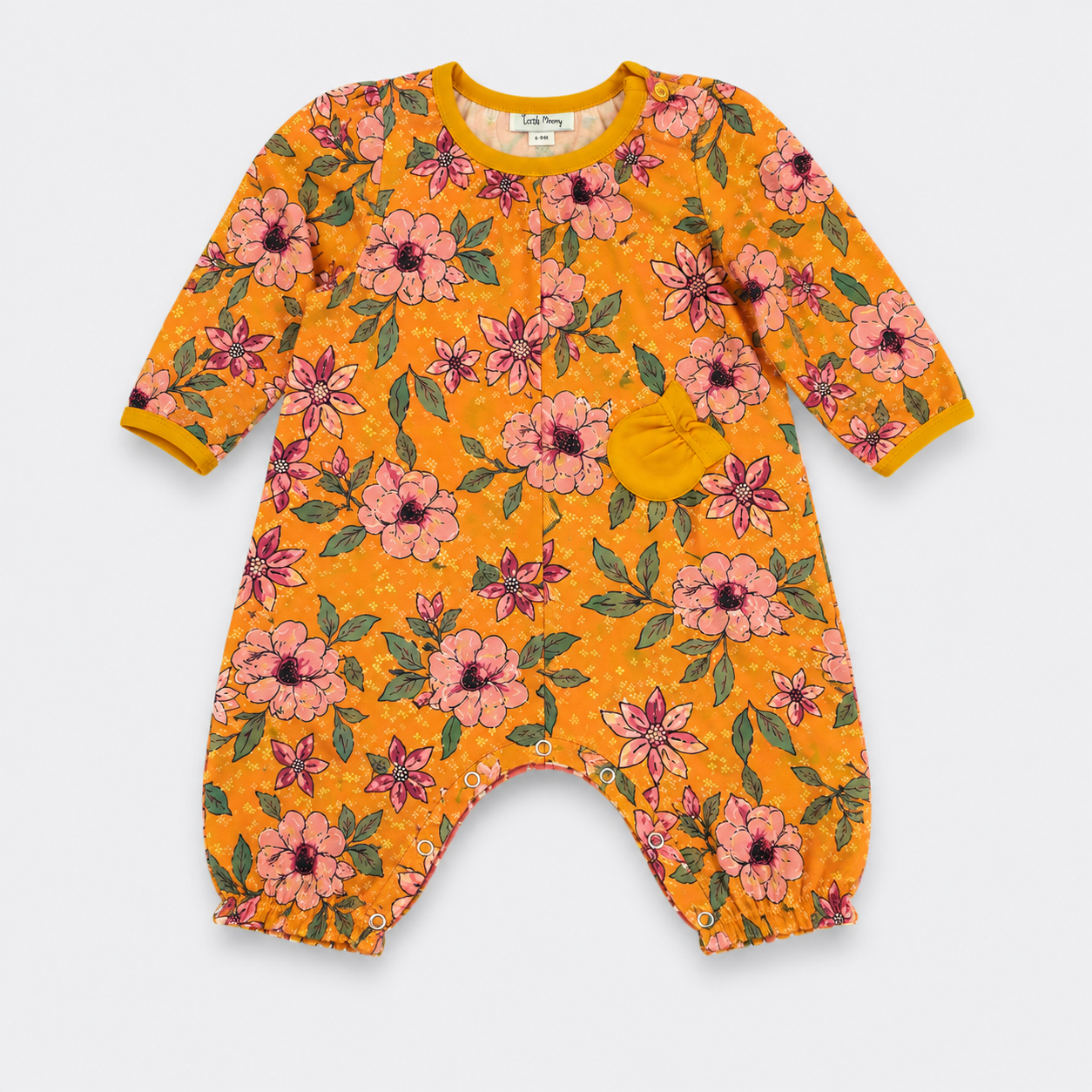A baby long-sleeve romper in bright yellow-orange with a pink and green floral print, featuring a small yellow pouch pocket on the chest, laid flat on a light gray background.
