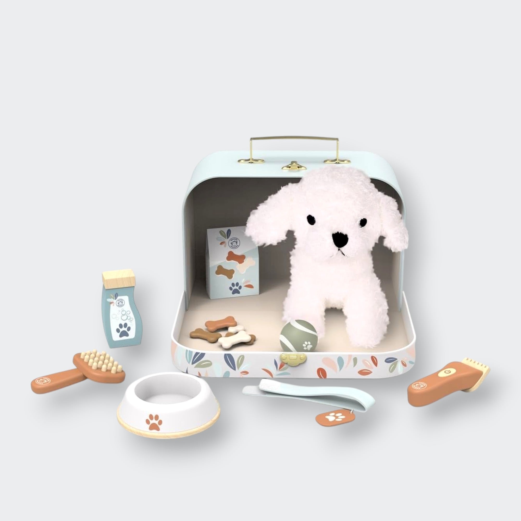 Little Moony My Little Dog pretend play set with plush puppy, wooden dog care accessories, food bowl, treats, grooming brush, collar, and illustrated travel suitcase for kids.