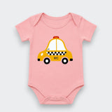 A light pink baby bodysuit featuring a cartoon graphic of a yellow NYC taxi with black and white checkered details, displayed on a light gray background.