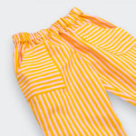 Yellow and white striped pants with an elastic waistband, shown in a close-up product shot on a light gray background.