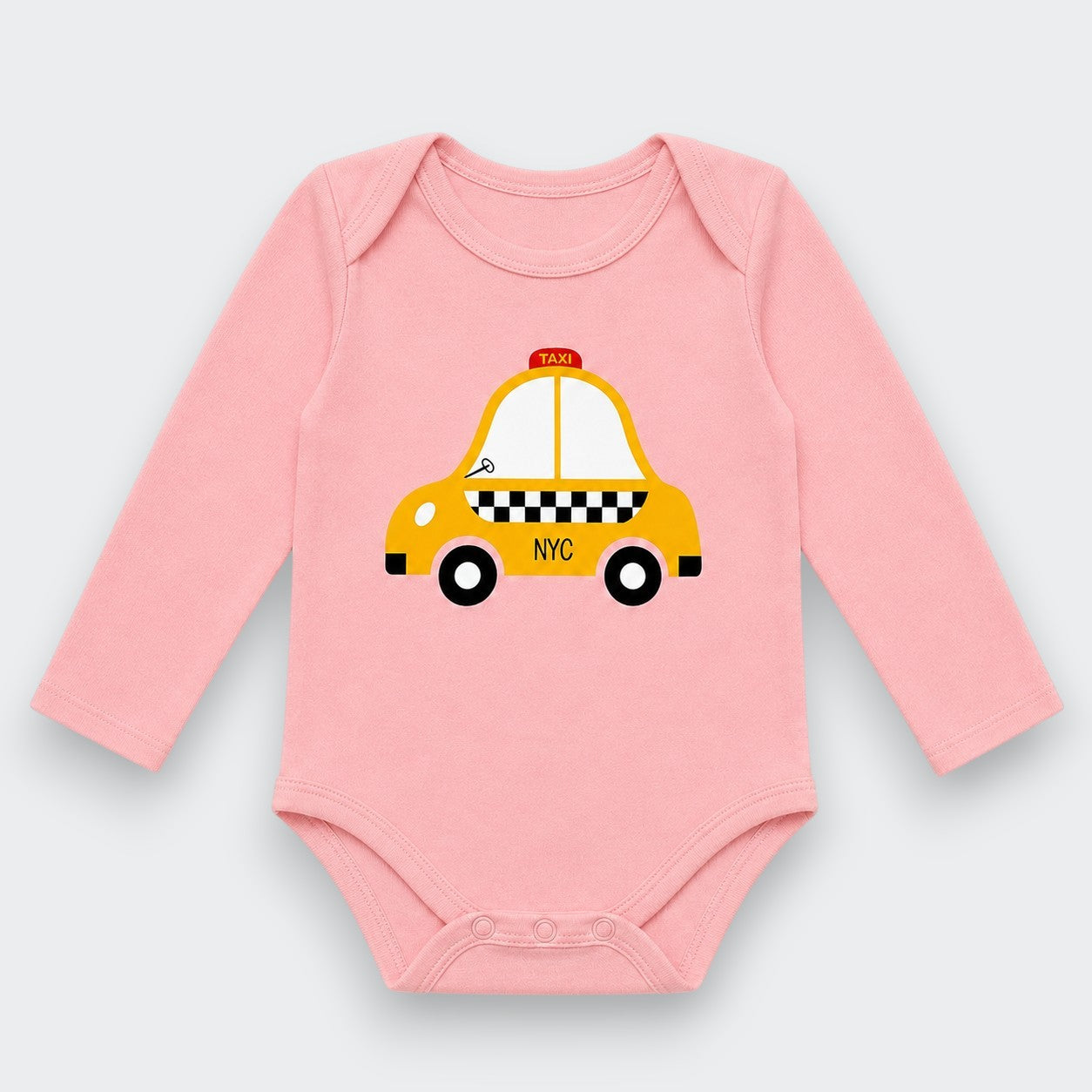 Little Moony. Pink long sleeve organic Pima cotton baby bodysuit with yellow NYC taxi illustration — New York baby gift by Little Moony