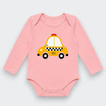 Little Moony. Pink long sleeve organic Pima cotton baby bodysuit with yellow NYC taxi illustration — New York baby gift by Little Moony