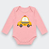 Little Moony. Pink long sleeve organic Pima cotton baby bodysuit with yellow NYC taxi illustration — New York baby gift by Little Moony