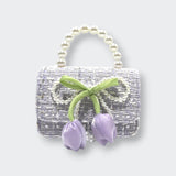 Little Moony Lily & Bow purple tweed purse with tulip details, pearl bow, and detachable gold chain for children