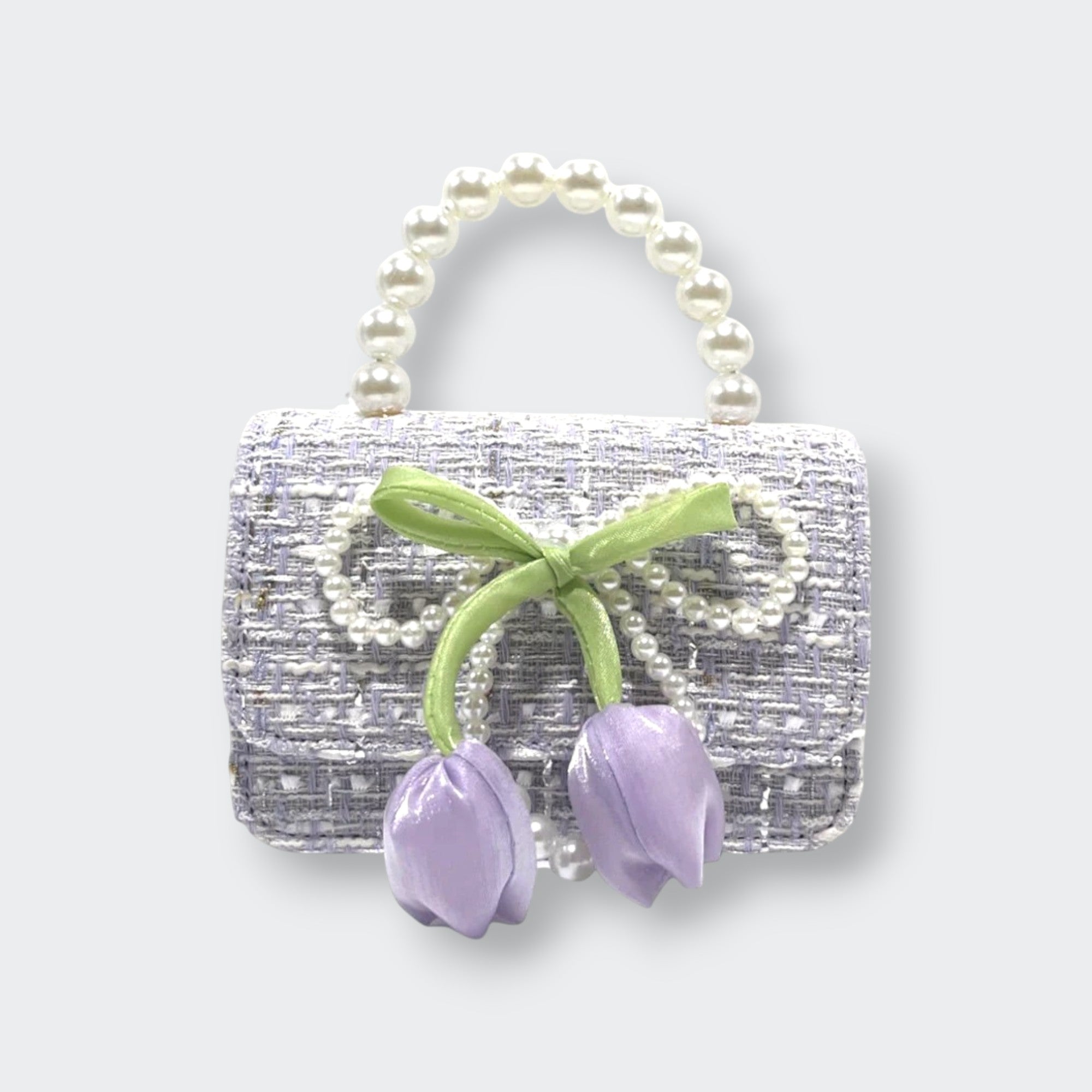 Little Moony Lily & Bow purple tweed purse with tulip details, pearl bow, and detachable gold chain for children