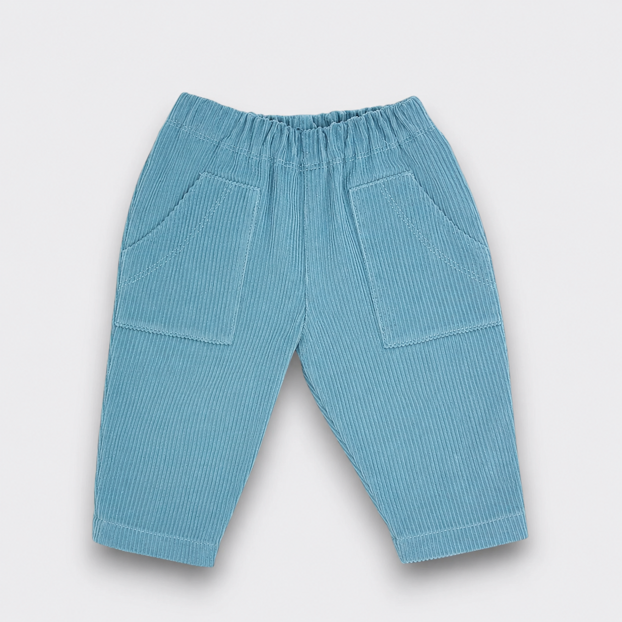 Blue corduroy pants with two front pockets for babies and toddlers.