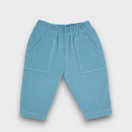Blue corduroy pants with two front pockets for babies and toddlers.