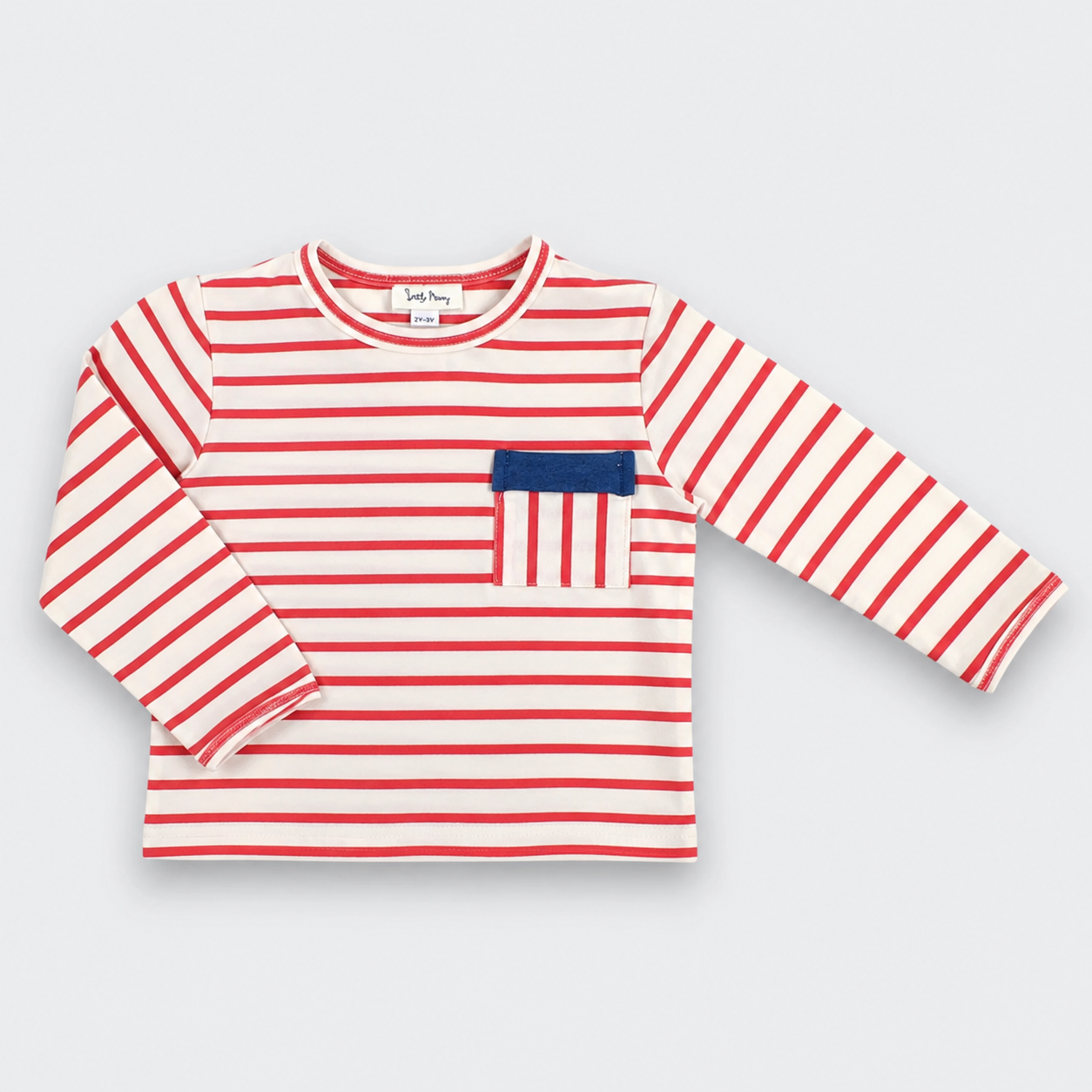 A long-sleeve children's top with horizontal red and off-white stripes, featuring a chest pocket with red and off-white stripes and a navy blue fabric accent on the pocket flap. The brand label 'Joujou' is visible inside the collar.