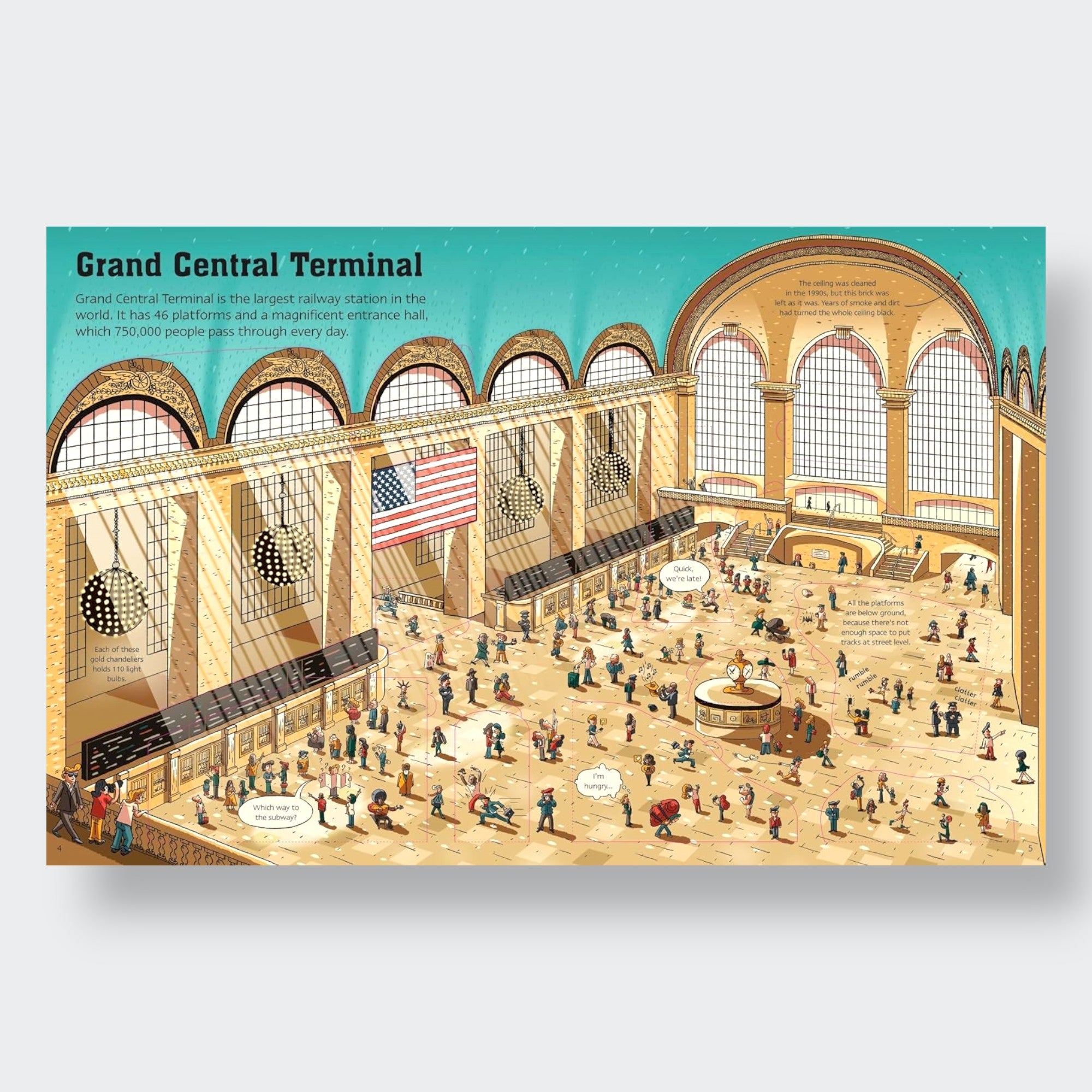 Little Moony See Inside New York City children’s book with flaps featuring famous landmarks. Sample page Grand Central Terminal.