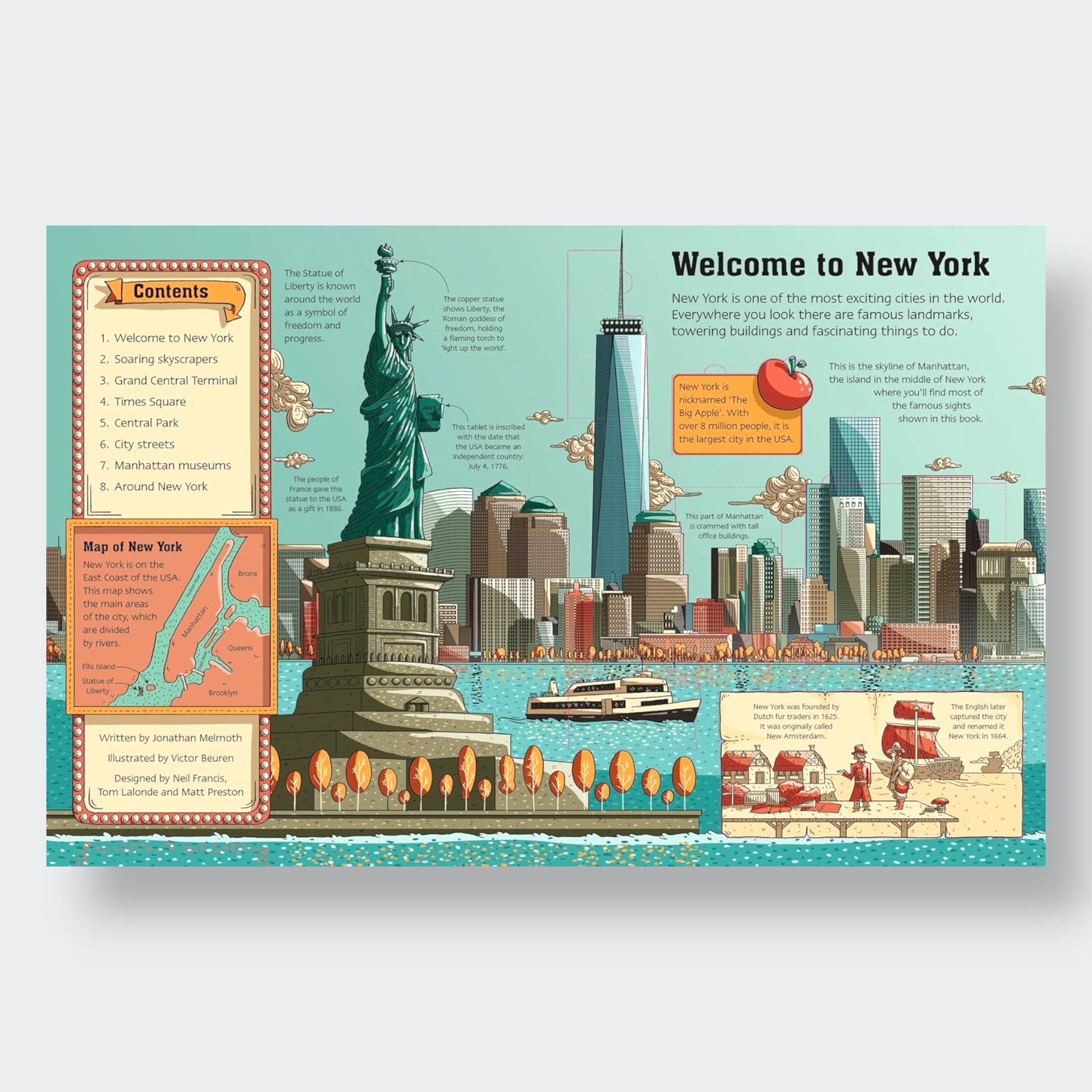 Little Moony See Inside New York City children’s book with flaps featuring famous landmarks. Sample page statue of liberty.