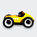 Little Moony Egg Roadster Yellow toy car with a classic roadster design for imaginative play and young vehicle enthusiasts. Side view.