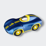 Playforever Mini Speedy Le Mans toy car in navy blue with yellow accents, front view showing curved nose and racing number – designer toy car for children