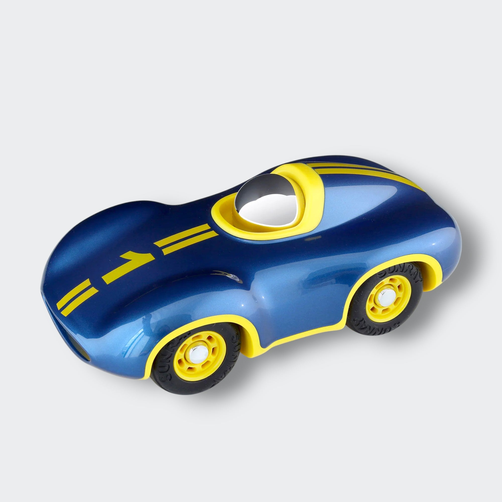 Playforever Mini Speedy Le Mans toy car in navy blue with yellow accents, front view showing curved nose and racing number – designer toy car for children