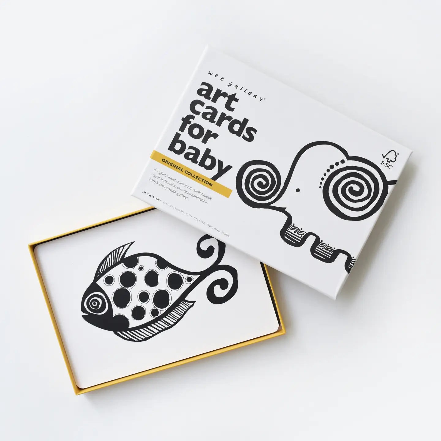 Box of art cards for baby with black and white designs on a white background