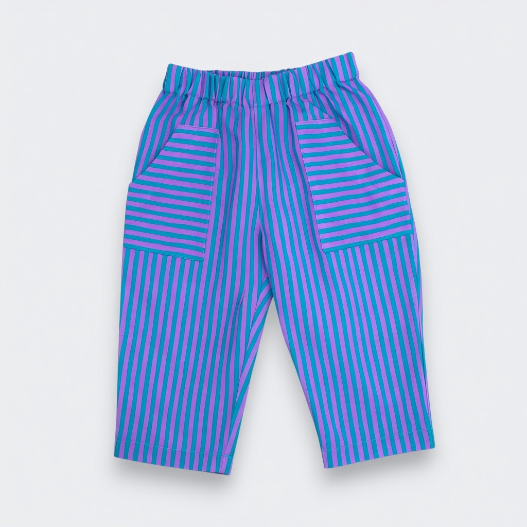 A pair of children's pants featuring a vibrant teal and purple striped pattern, laid flat against a light gray background.