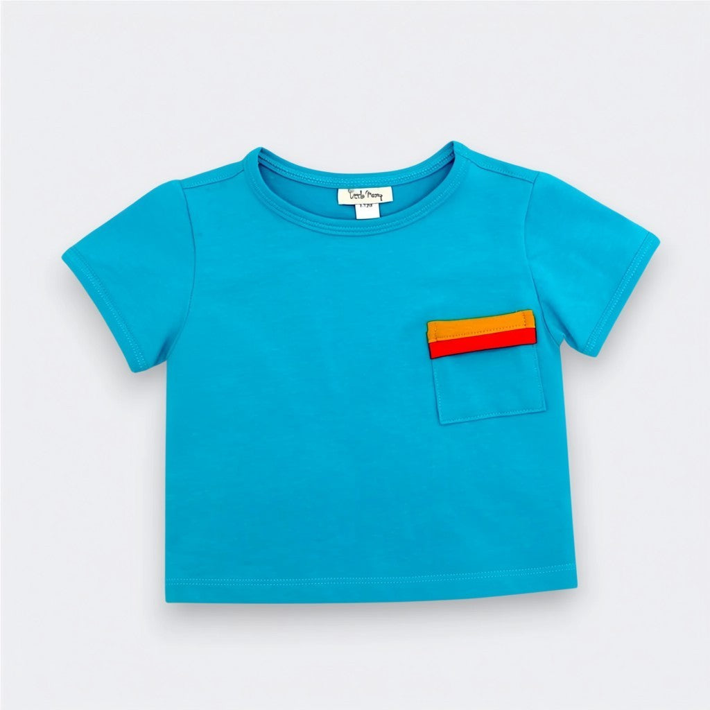 Bora Bora blue colorblock pocket tee for baby and toddler, Little Moony